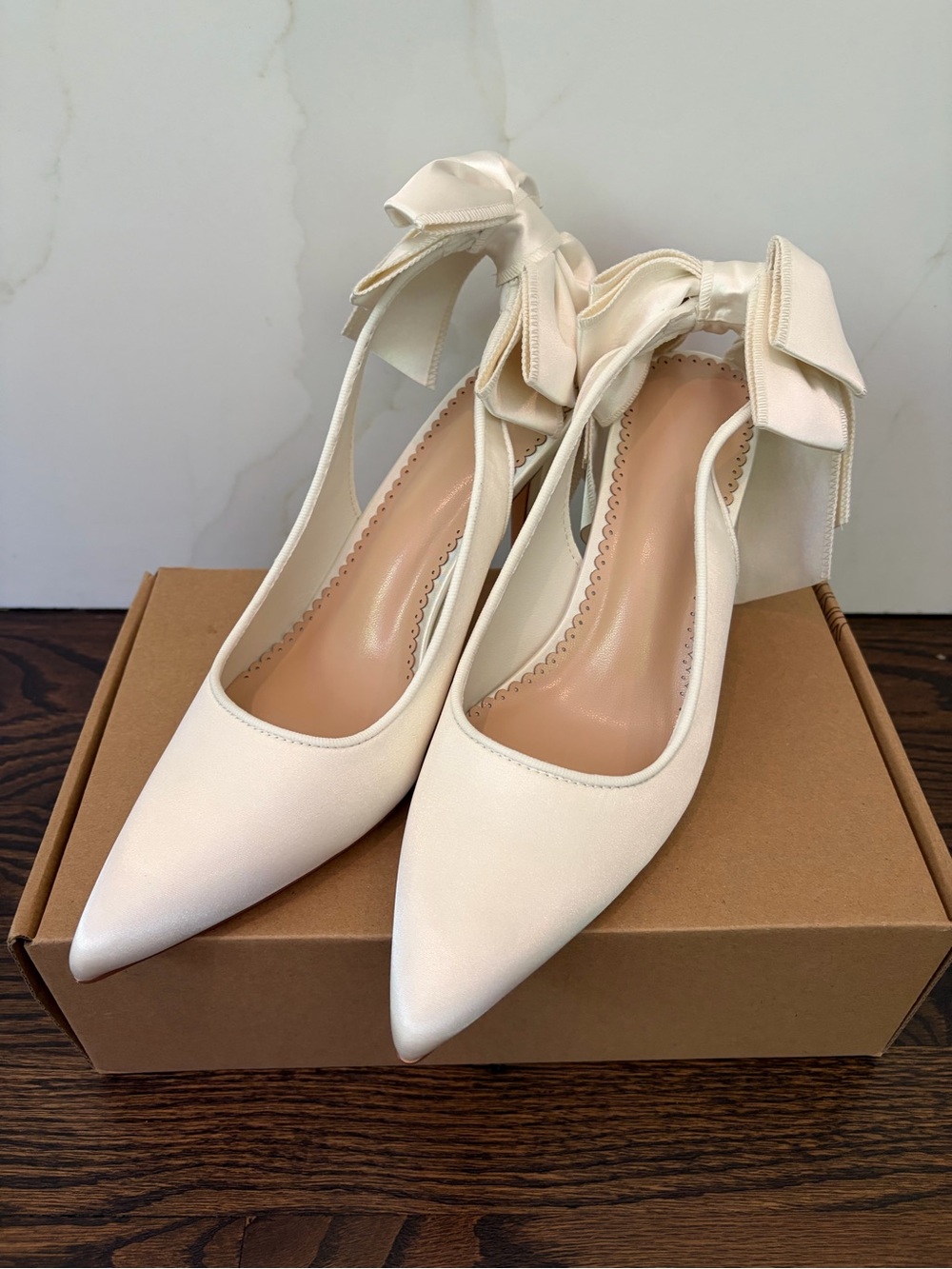 Brand New Women’s Cream Pointed-Toe Ankle Tie Pumps with Ribbon Detail